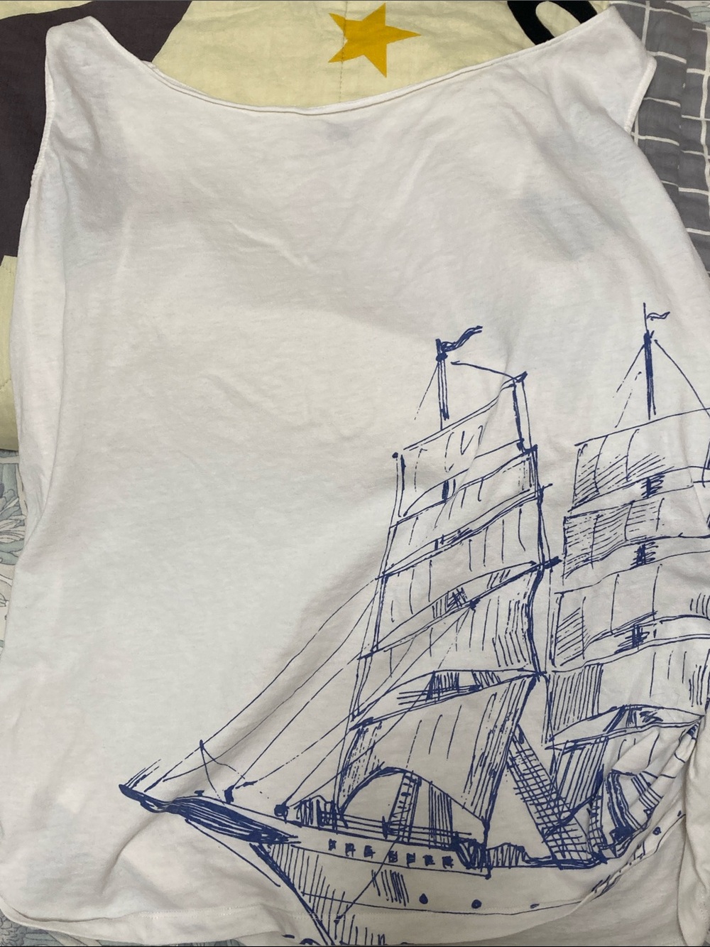 SHEIN White Crop Top with Blue Sailboat Sketch